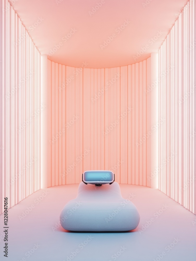 Poster neofuturistic minimalist interior vr headset on soft beige table with ambient led illumination - imm