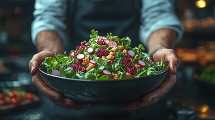 A chef presents a large bowl of fresh salad featuring leafy greens, radishes, and various toppings. The setting is a warmly lit restaurant kitchen, enhancing the appetizing appearance