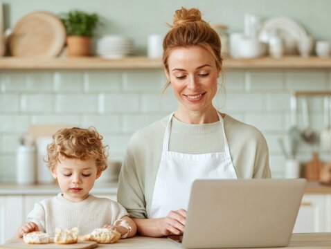 Scandi-Chic Kitchen Multitasking Mom with Child and Laptop - Family Balance in Modern Parenting and Remote Work for Interactive Home Learning and Lifestyle Solutions