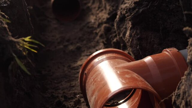 Sewer Plastic Pipe. Installation Of A Sewage Plastic Pipe 