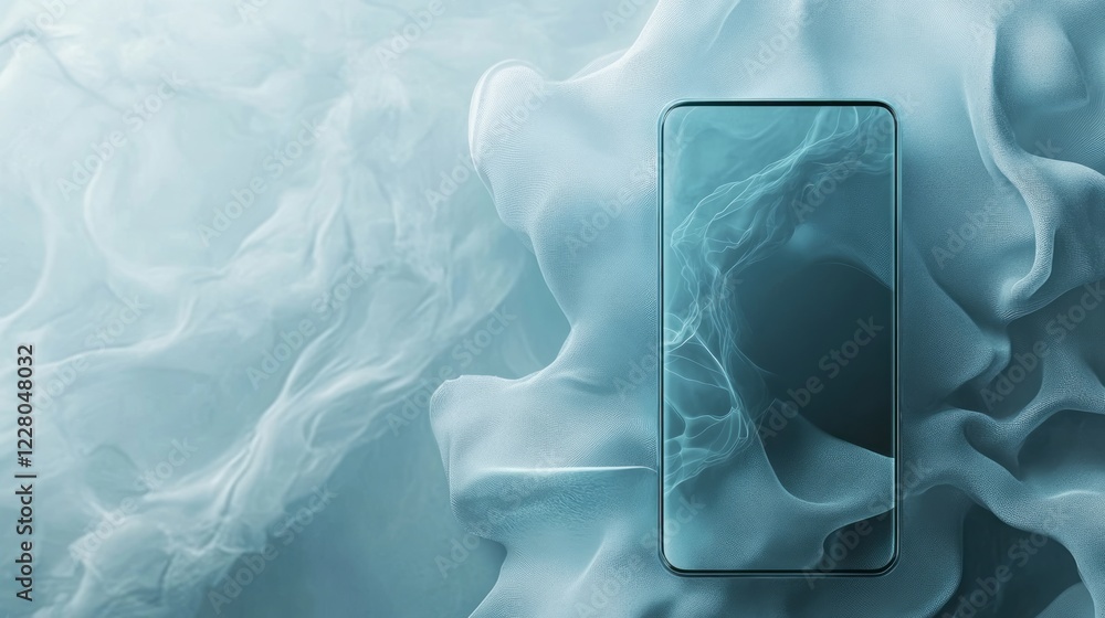 Poster a smartphone in an abstract, organic form is displayed on the background of swirling blue and white 