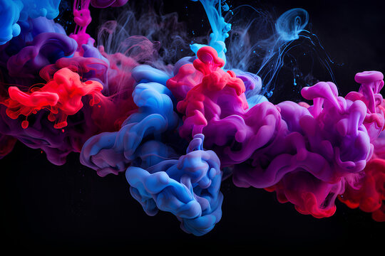 bright pink blue violet neon paint drops in water on a black background