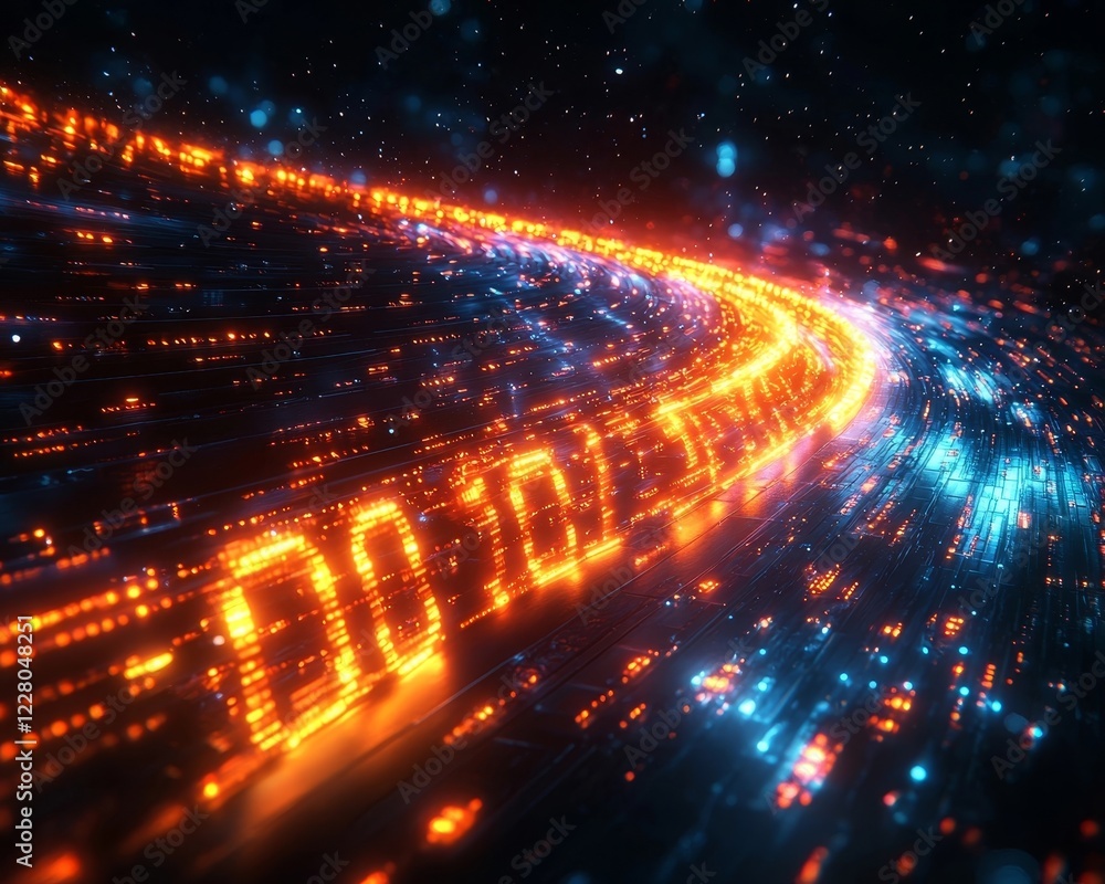 Poster glowing digital progress bar with advancing numeric digits towards 100 completion
