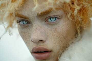 Close up of an albino man, with facial features and frizzy hair but with very pale skin, with blue eyes