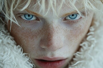 Close up of an albino man, with facial features and frizzy hair but with very pale skin, with blue eyes