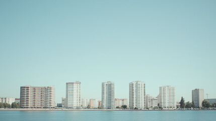 Coastal City Skyline: A serene cityscape unfolds along a tranquil waterfront, showcasing a row of modern residential buildings under a clear, pale blue sky.