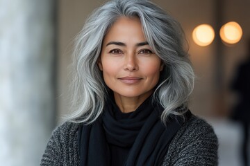 Fototapeta premium Confident Woman with Gray Hair in Cozy Attire Posing Indoors
