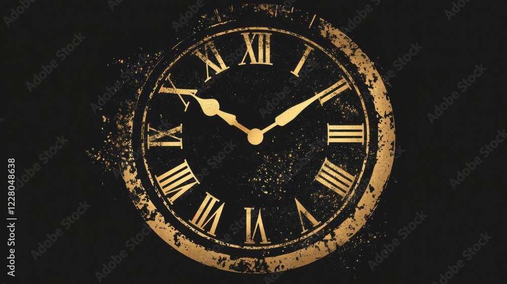 Poster vintage clock design with roman numerals on a textured black background highlighting the passage of 