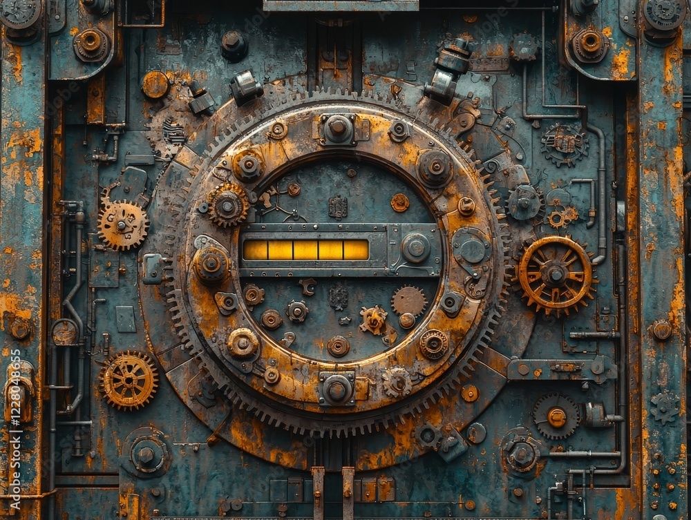 Poster Mechanical Progress Bar with Turning Cogs and Wheels on Steampunk Backdrop