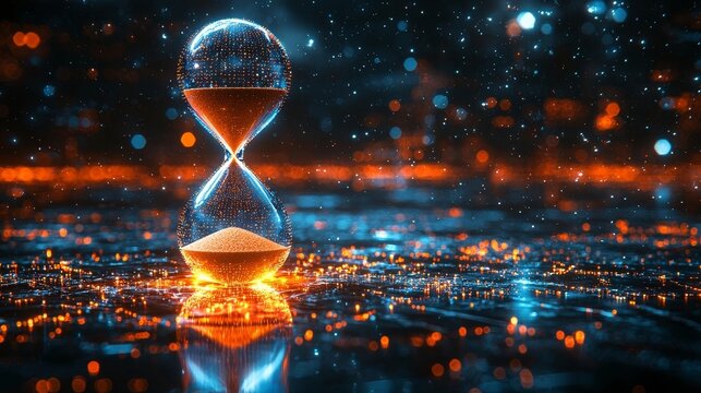 Glowing Digital Hourglass Shaped Progress Bar with Flowing Sand and Loading Concept