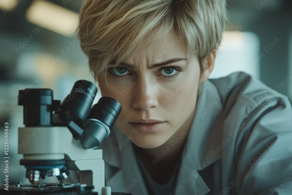 Poster a focused female scientist intensely studies a sample through a microscope in a lab setting.