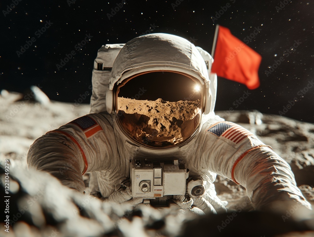 Poster contemporary space exploration futuristic astronaut with reflective helmet on lunar terrain - aerosp
