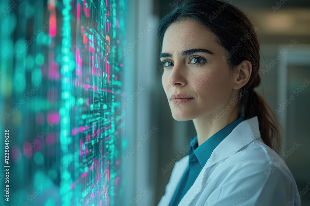 Poster a female scientist intently studies a vibrant digital display filled with complex data streams, show