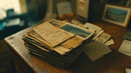 A pile of old, yellowed photographs and handwritten notes.