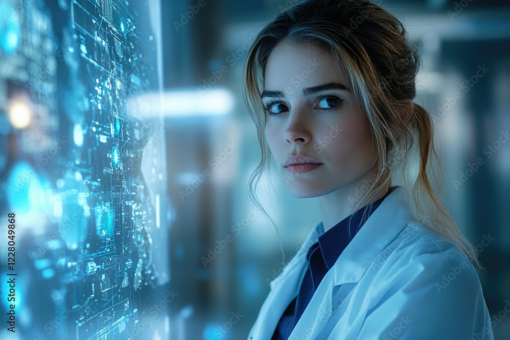 Poster a female scientist intently studies complex data displayed on a futuristic holographic interface.