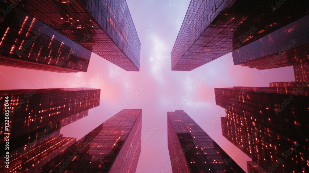 Poster futuristic cityscape visualization illuminated glass skyscrapers with digital network overlay - smar