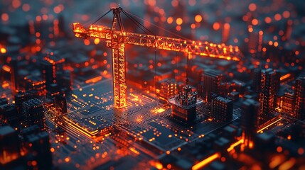 Fototapeta premium The crane is building on the motherboard, PC building