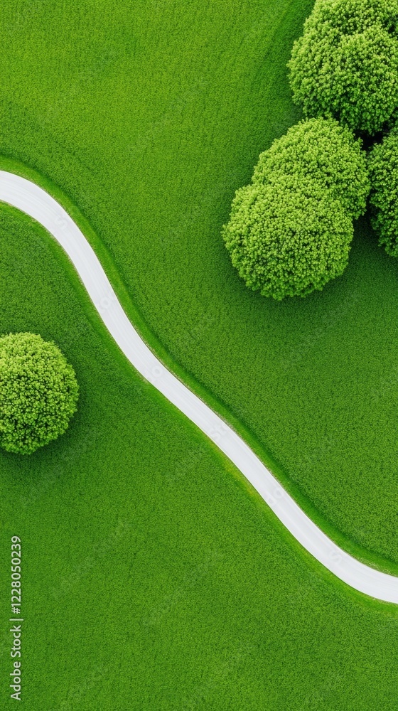 Poster aerial innovation in agriculture drone-captured vibrant green field with curved pathway - modern sma