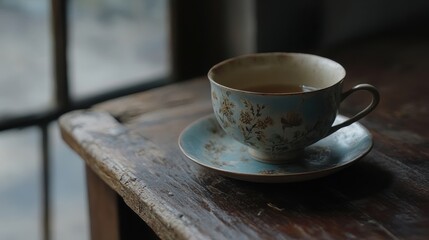 Obraz premium A cup of tea on a wooden table.