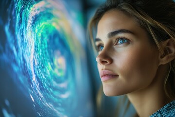 Naklejka premium A woman gazes thoughtfully at an abstract blue and green swirling digital artwork.