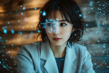 A woman with a futuristic digital interface overlaying her face, symbolizing technological advancement and connection.