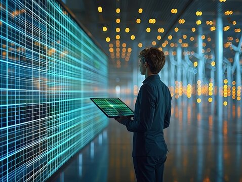 Business Shareholder Presenting Green Energy Proposal with Holographic Tech Display