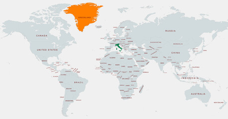 Highlighted World Map Featuring Greenland and Italy Locations Marked © habib billah