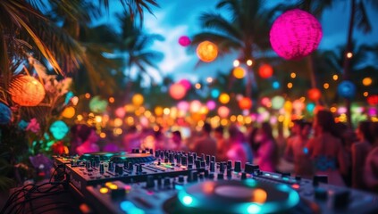 Tropical Night Party: DJ Console at Vibrant Outdoor Festival