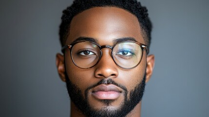 Obraz premium A young man is featured with a serious expression, wearing round glasses that enhance his focused gaze. The neutral background emphasizes his well-groomed beard and hairstyle