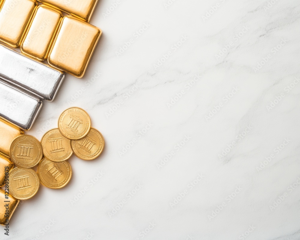 Poster luxurious wealth display scattered silver coins and neatly stacked gold bars on marble - executive a