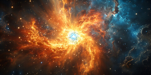 Fototapeta premium Fiery cosmic explosion with swirling nebula and glowing energy, Stunning deep space formation with bright celestial core