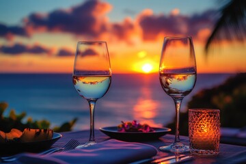 Romantic Sunset Dinner with Wine and Candlelight by the Ocean