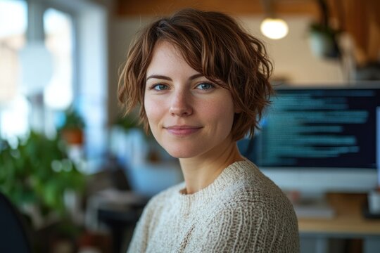 A young woman with short brown hair smiles confidently, a computer screen with code in the background.