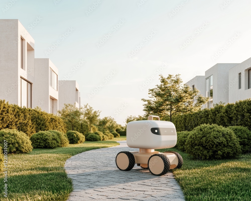 Poster Eco-Friendly Service Robot Navigates Elegant Cobblestone Path in Upscale Residential Area - Enhancing Smart Home Living and Sustainable Urban Design
