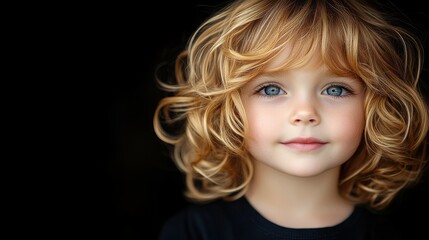 A young child with soft, curly hair and striking blue eyes looks directly at the viewer, exuding a sense of innocence and curiosity against a dark background
