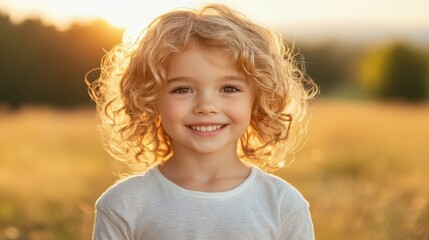 A joyful child with curly hair stands in a sunlit field, smiling happily. The warm golden light of sunset enhances the serene atmosphere, surrounded by nature