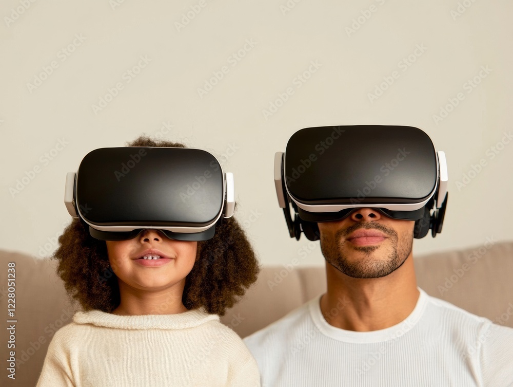 Aufkleber virtual family immersion multiracial duo in smart home with vr headsets - engaging educational conte