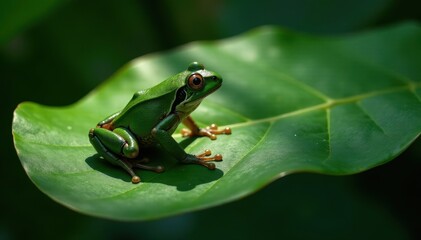 Obraz premium Dark frog shadow stretching across broad leaf, detail, botany