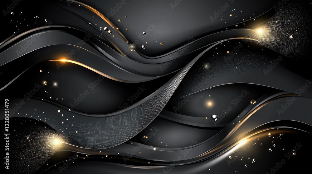 Poster smooth gradient of light gray to black with abstract metallic waves and soft tech-inspired curves.