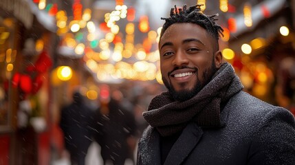 Obraz premium A cheerful man stands in a bustling winter market, surrounded by twinkling lights and holiday decorations. Snowflakes gently fall as he enjoys the festive atmosphere