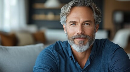 A middle-aged man with distinctive gray hair and a full beard sits comfortably in a contemporary living room, exuding warmth and approachability. Sunlight illuminates the space around him