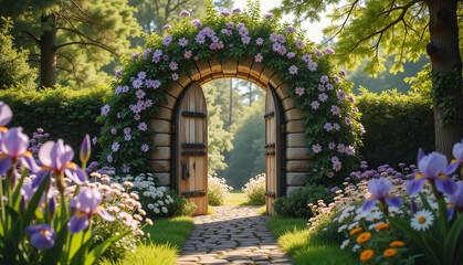 Naklejka premium Magical ancient doorway framed by vibrant floral garland, enchantment