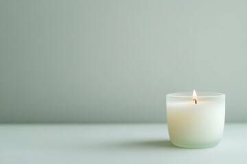 A white burning candle on a green background with copy space