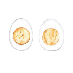 Two halves of a boiled egg in a realistic style. Isolated watercolor illustration on the theme of food for restaurant menu design, cookbooks, cafes decoration.