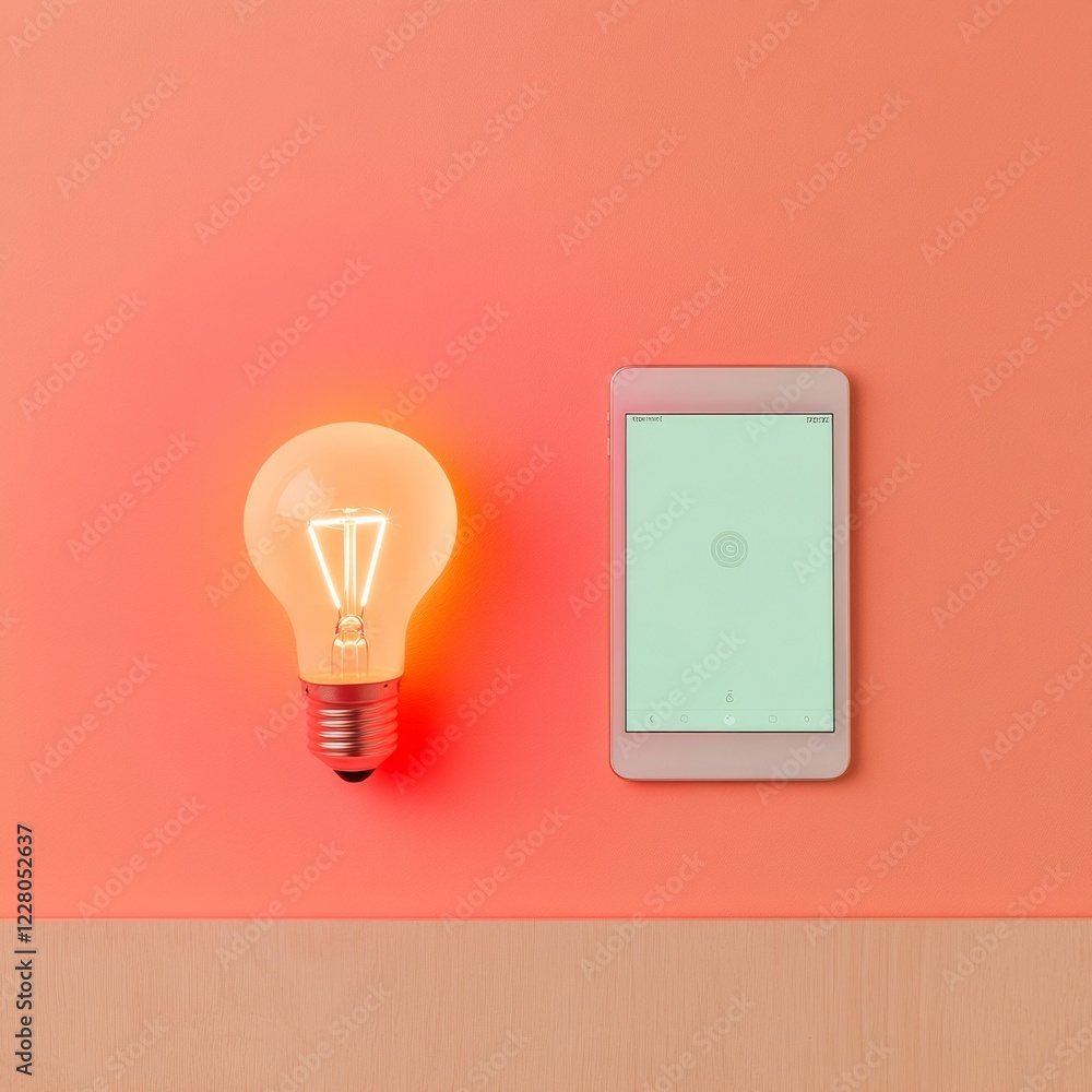 Aufkleber scandi tech aesthetic minimalist smart lighting with led bulb and control app on warm toned wood - s