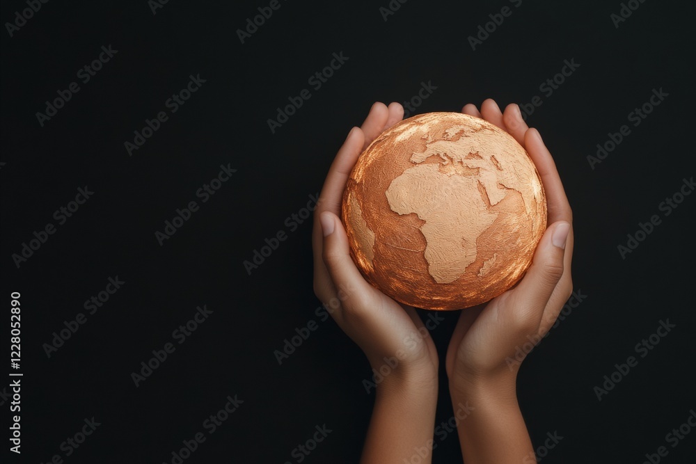 Poster minimalist cultural unity visual hands embracing earth globe in gold texture - strategic branding an