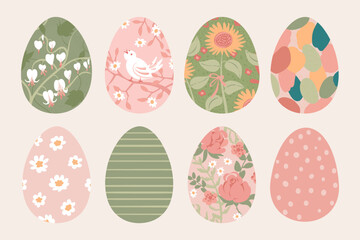 Happy Easter. Easter eggs with abstract plant elements and flowers. Vector isolated illustration. Design element.