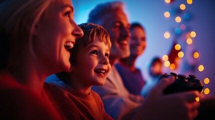 Festive Family Gaming Warm Lighting and Holiday Decor for Cross-Generational Entertainment - Enhancing Social and Cultural Bonds in Modern Interactive Living Rooms