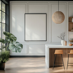 Frame mockup in modern kitchen interior | Elegant white panel wall with blank black frame, wooden bar stools, marble countertop, natural decor, bright space for artwork display.