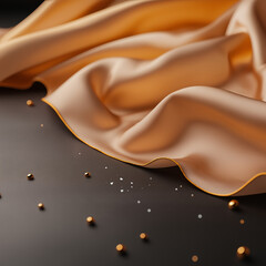 Golden satin fabric with scattered beads | Soft, flowing silk draped on dark background with metallic accents and glitter, luxury textile texture, elegant backdrop for design mockups.